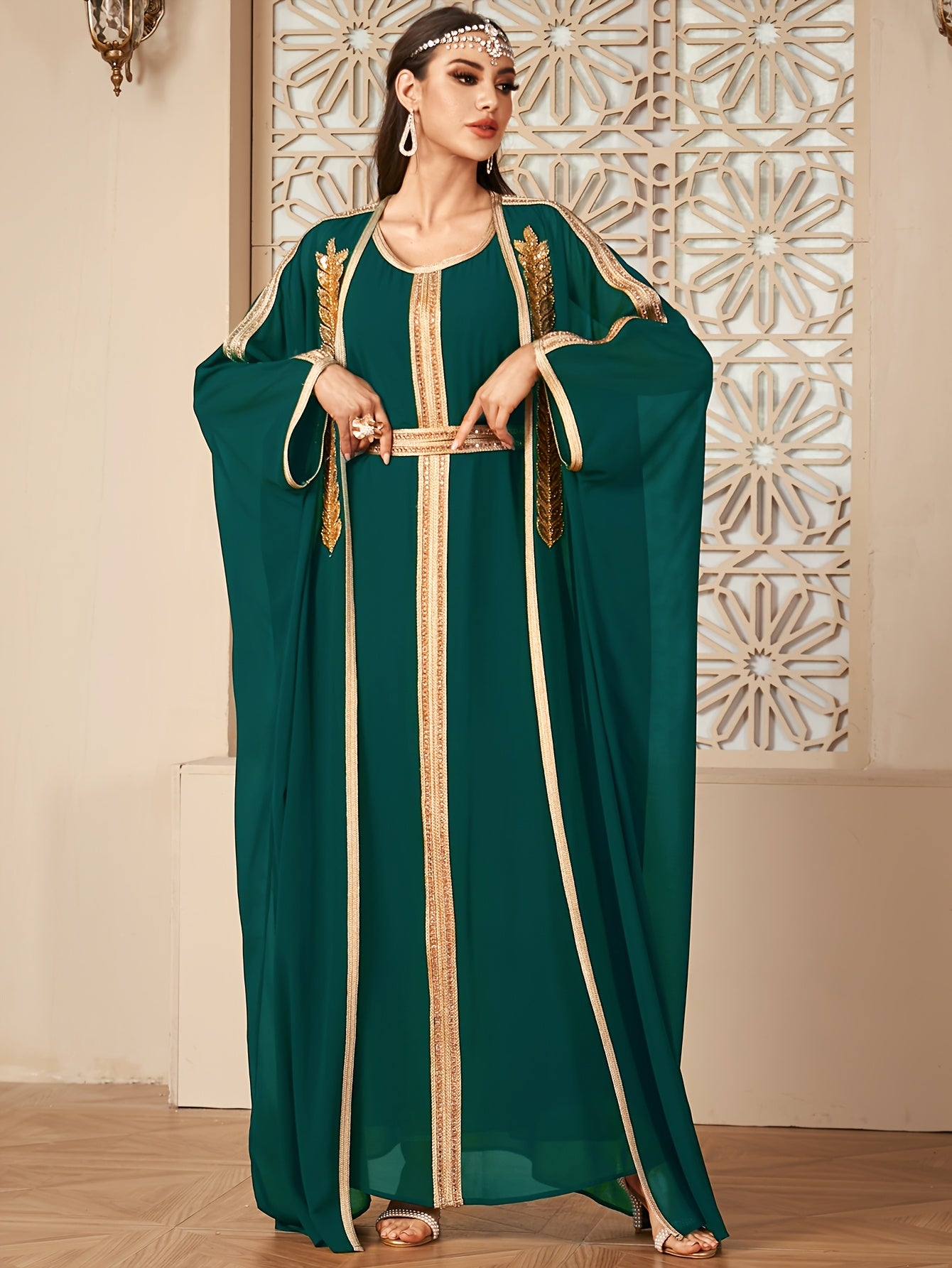 【Targeted】Middle East New Arrival Vest Dress + Open Cardigan Sequin Paneled Webbing Batwing Sleeve Long Robe Two-Piece Dress Set