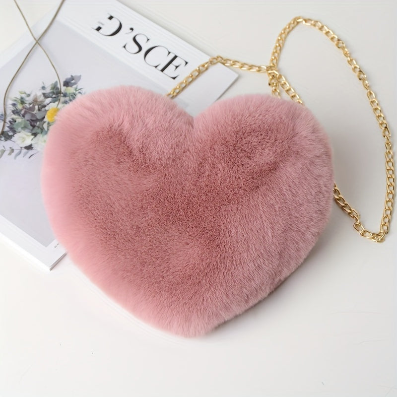 Cute Heart-Shaped Faux Fur Crossbody Purse - Women Handbags & Wallets - Fashionable Chain Shoulder Bag with Soft Fuzzy Lining, Perfect Valentine's Day Gift for Her, Lovers, and Friends