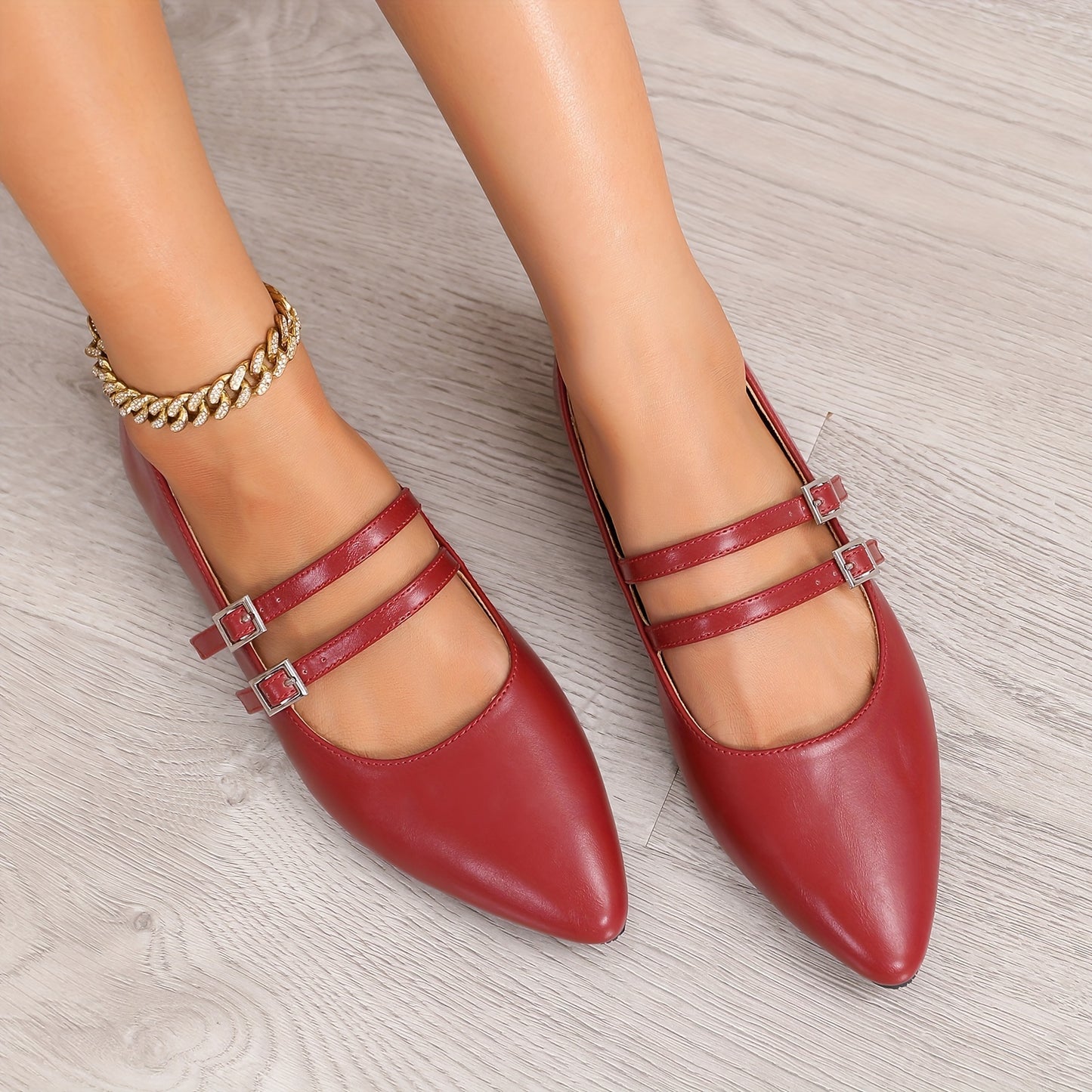 Pointed Red Single Shoes for Women Mary Jane Flat Versatile Retro Soft Cover with One-Word Buckle and Airy Choker Light Mouth Golden French Women's Shoes