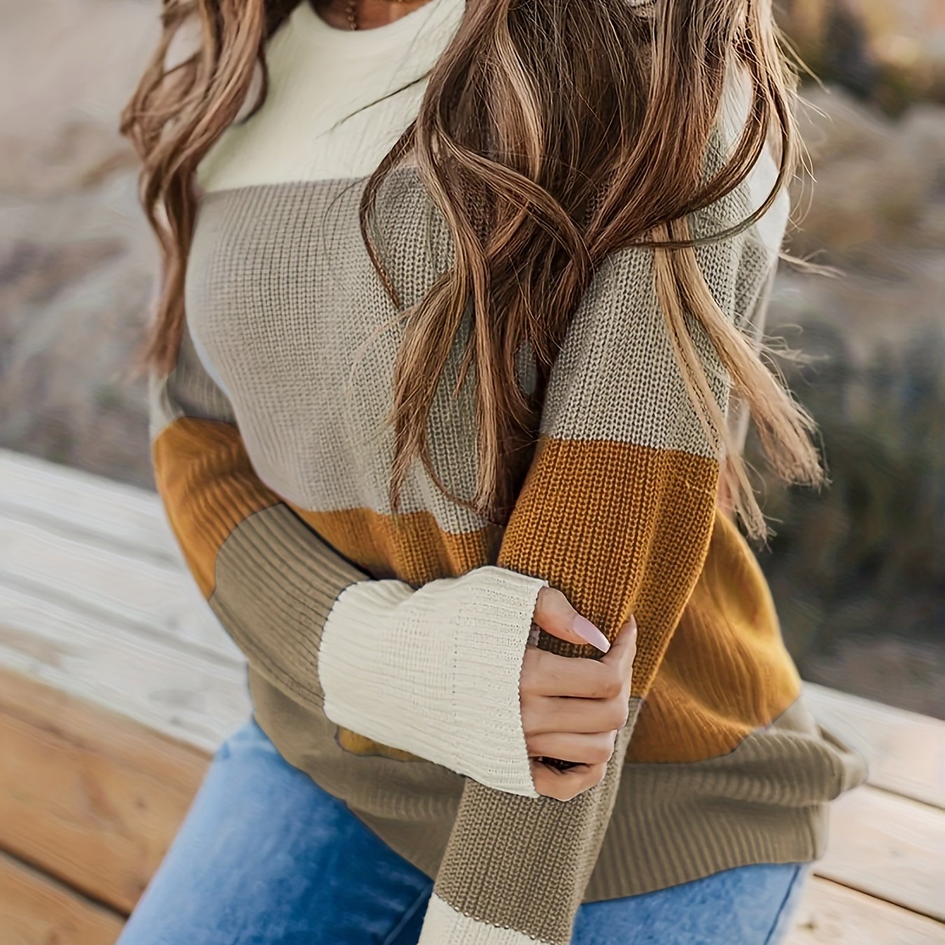 Striped Pattern Knitwear Tops, Crew Neck Long Sleeve Pullover Sweaters, Color Block Shirts, Women's Clothing