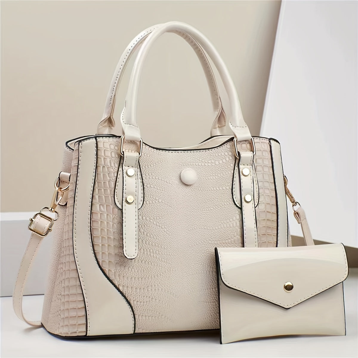 2-Piece Set Crocodile-Embossed PU Leather Handbags, Large Capacity Retro Style Bag, Fashionable Tote & Crossbody Bag For Women With Shoulder Strap