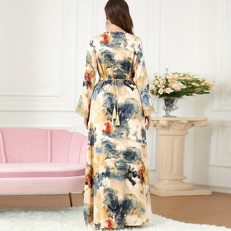 Turkish Kafan Women's Two-Piece Dress Set with V-Neck Satin Painting Kimono for Morocco Dubai Eid Fashion Dress to Show Slimming Temperament for Malaysia Indonesia Pakistan Party Long Robe
