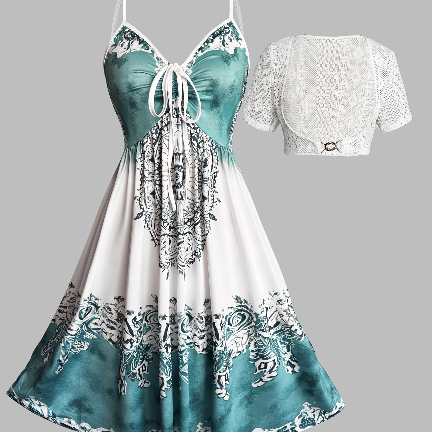 Vacation Ethnic Positioning Print Strap Skirt with Crochet Hollow Lace Short Outerwear Dress Two-Piece Set, Totem Print Vacation Two-Piece Dress Set, Spring and Summer Wearable Dress Two-Piece Set