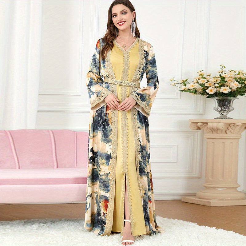 Turkish Kafan Women's Two-Piece Dress Set with V-Neck Satin Painting Kimono for Morocco Dubai Eid Fashion Dress to Show Slimming Temperament for Malaysia Indonesia Pakistan Party Long Robe