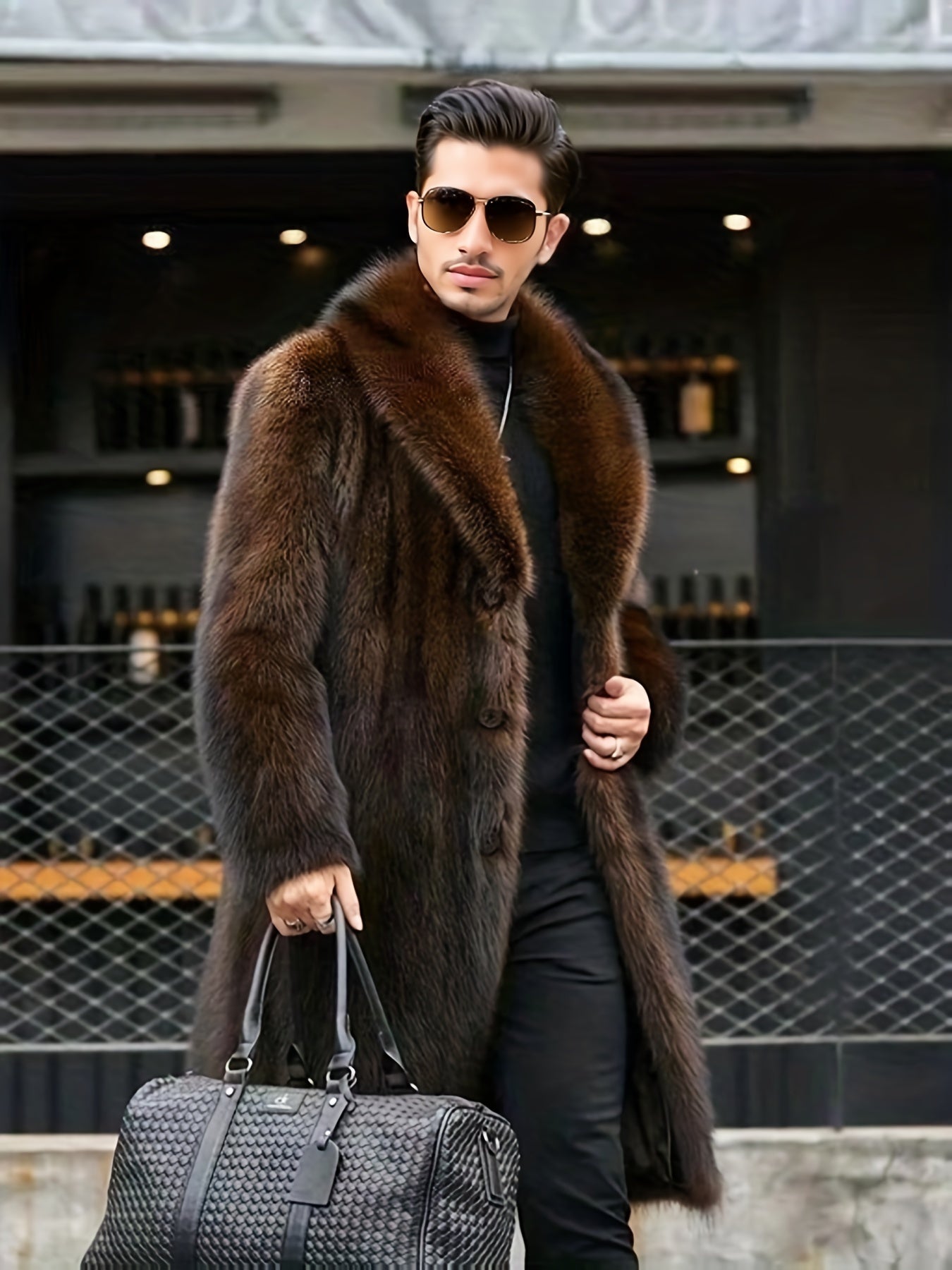 Trendy Men's Faux Fur Single-Breasted Overcoat, Warm Winter Jacket for Autumn Outdoor Leisurewear