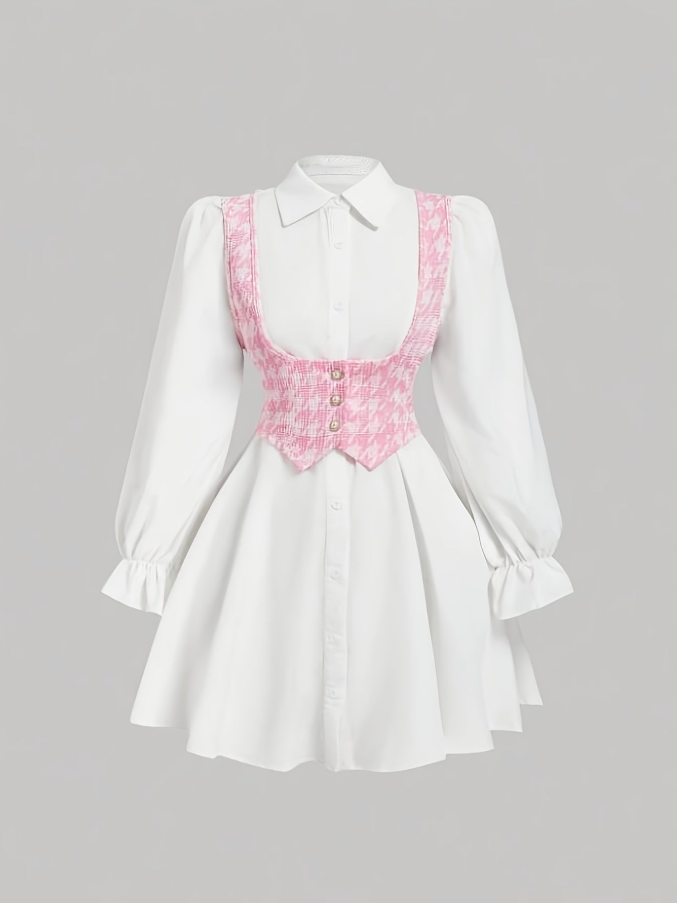 Women'S New Arrival Button-Decorated Little Chic Vest Long Sleeve Shirt Two-Piece Dress, Stylish and Elegant Commuting Outing Daily Wear Party Date Tea Party Dress, Suitable for Spring, Autumn and Winter