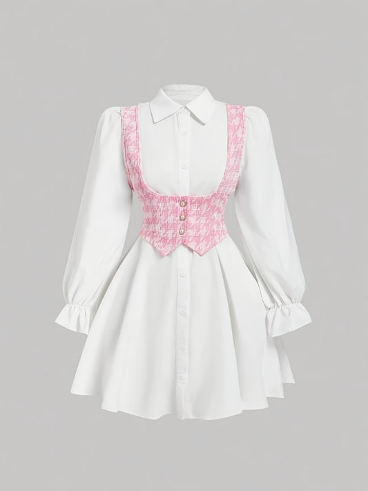 Women'S New Arrival Button-Decorated Little Chic Vest Long Sleeve Shirt Two-Piece Dress, Stylish and Elegant Commuting Outing Daily Wear Party Date Tea Party Dress, Suitable for Spring, Autumn and Winter