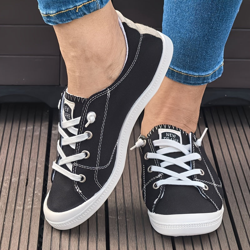 Women's Black Fashion Canvas Shoes, Flat Comfortable Breathable Light Round-headed Lace Casual Large Women's Shoes Cloth Shoes