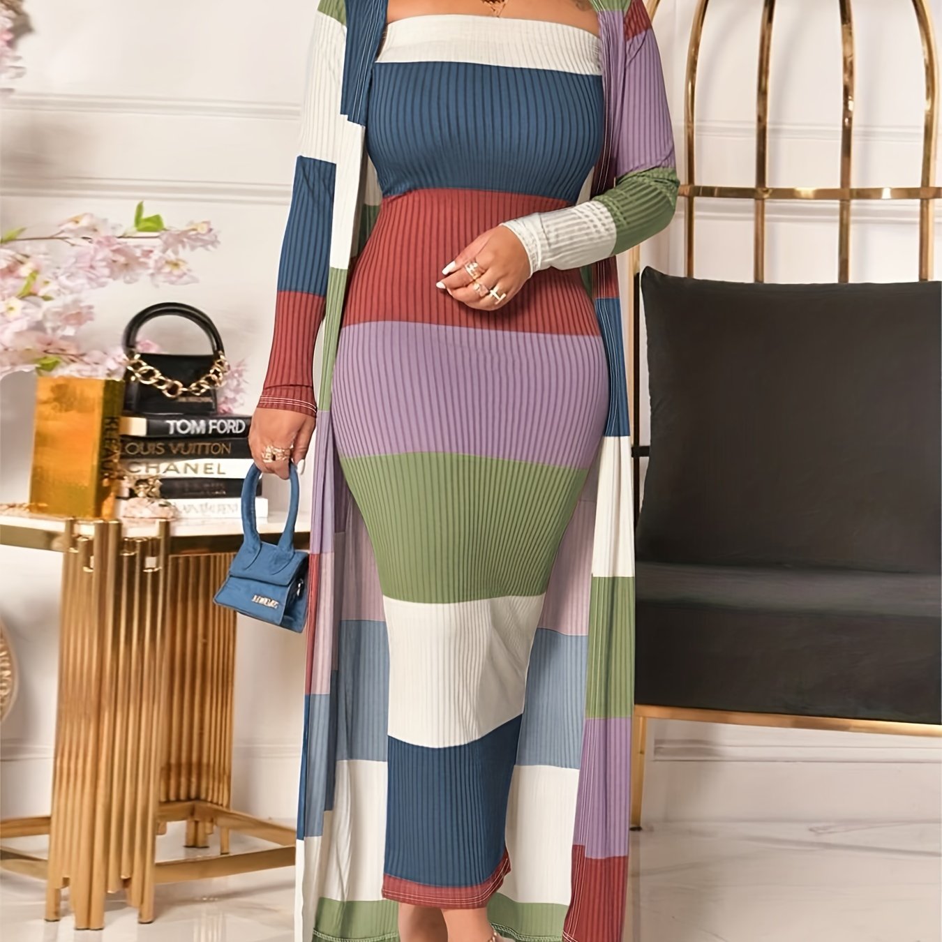 Stripe Print Two-piece Dress Set, Sleeveless Tube Dress & Open Front Long Sleeve Cardigan Outfits, Women's Clothing