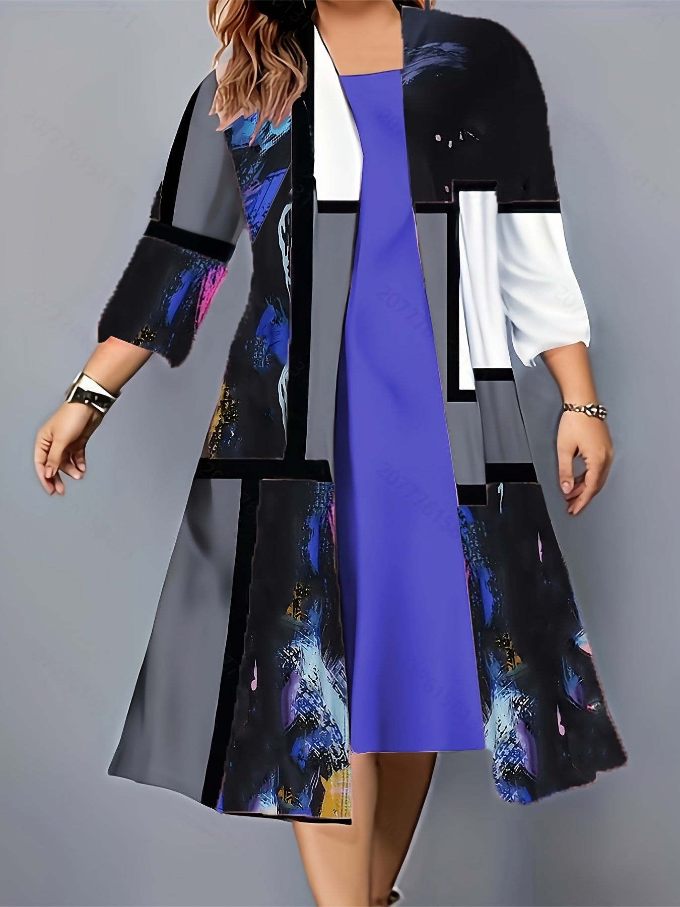 Plus Size Geometric Print Two-piece Dress Set, Crew Neck Tank Dress & 3/4 Sleeve Open Front Top Outfits, Women's Plus Size Clothing