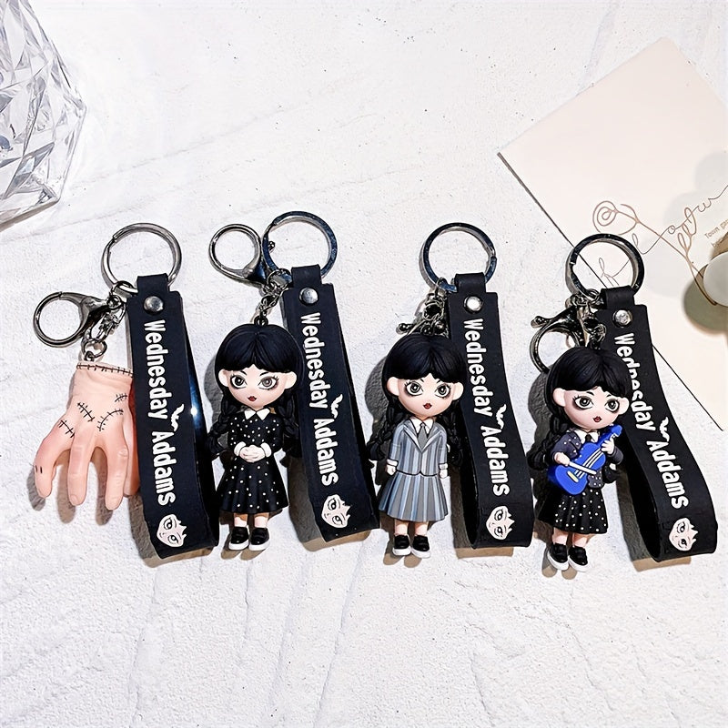 Wednesday Addams-Inspired Keychain, Doll Figure Accessory, Black With Polka Dots, Durable PVC Material, Perfect For Handbags And Party