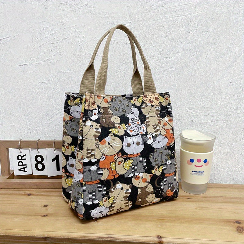 Cartoon Canvas Handbags, Cat Print Lunch Box Bag, Portable Storage Handbags For Work School