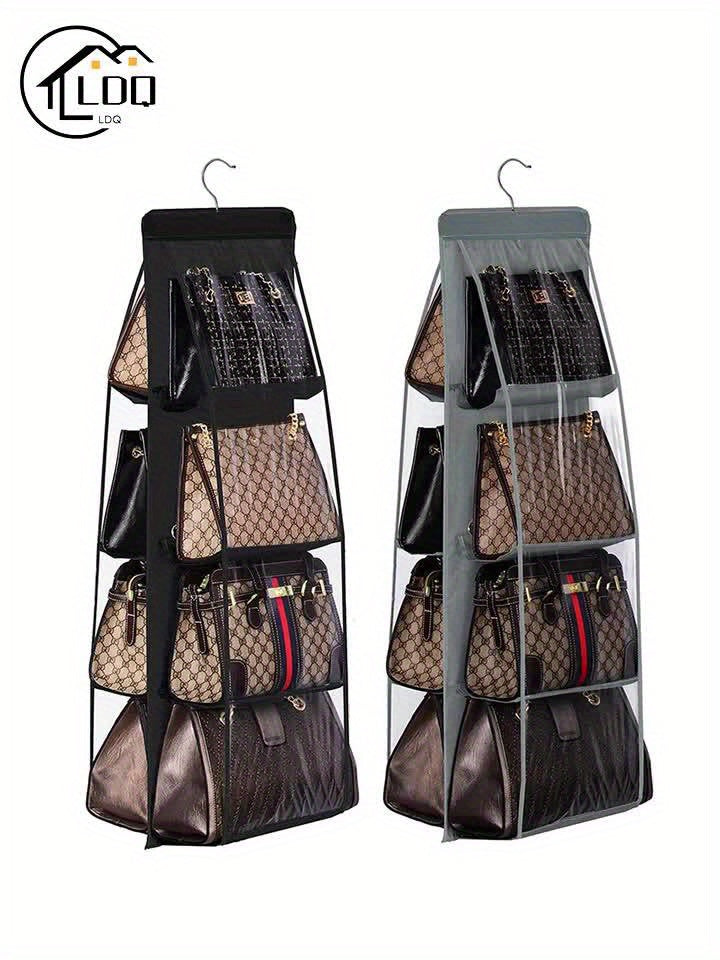 1pc LDQ Multi-Layer Handbag Organizer with 8 Pockets - Foldable Oxford Cloth Hanging Storage Rack, Space-Saving Closet Organizer for Handbags, Purses & Accessories, Durable Black & Gray Design, Perfect for Christmas, Hallowee