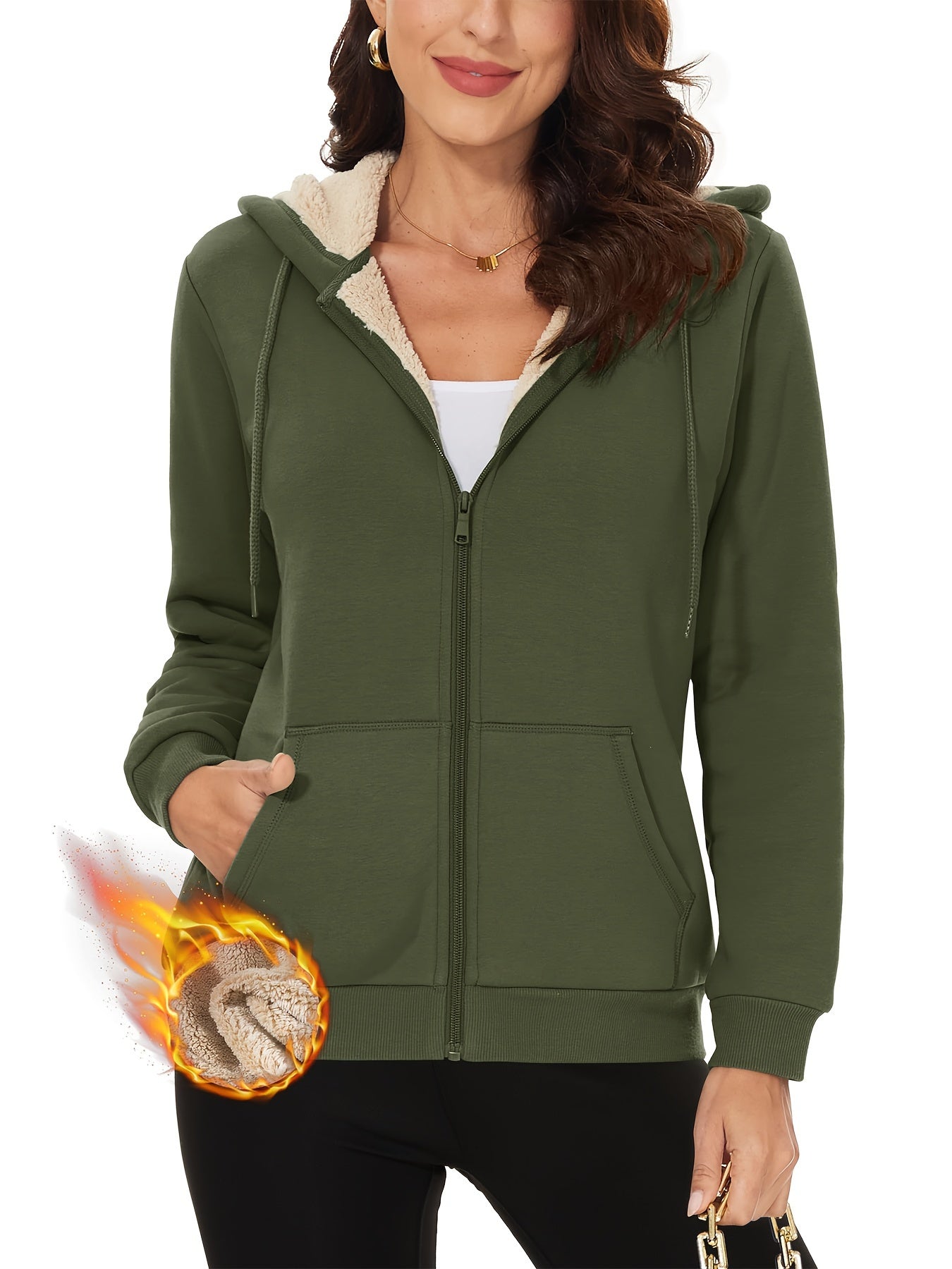 Women's Full-zip Hooded Sweatshirt Cotton Coat Sherpa Fleece Lined Thickened Winter Jacket Warm Comfort Adjustable Drawstring 2 Pockets Stylish Casual Daily Hiking Biking Jogging Winter Outdoor Hoodie