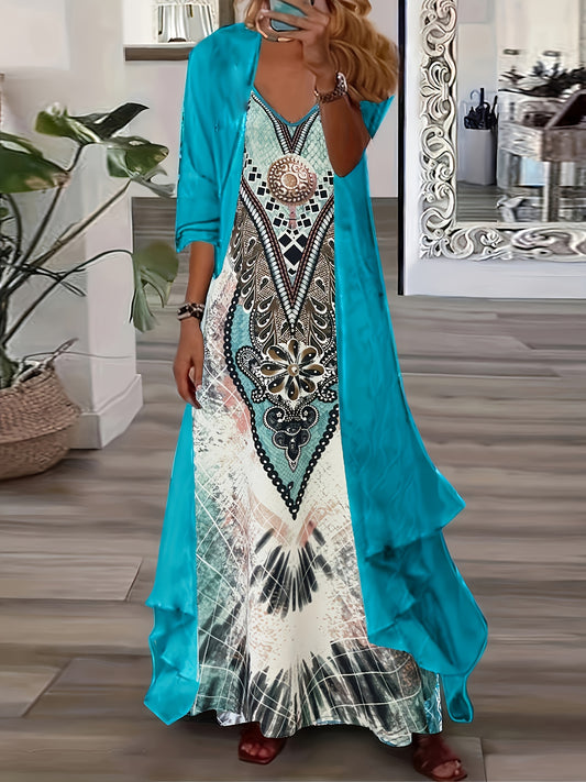 Elegant Slim Two-piece Dress Set, Solid Long Sleeve Open Front Top & Floral Print Sleeveless Spaghetti Strap Dress Outfits, Women's Clothing