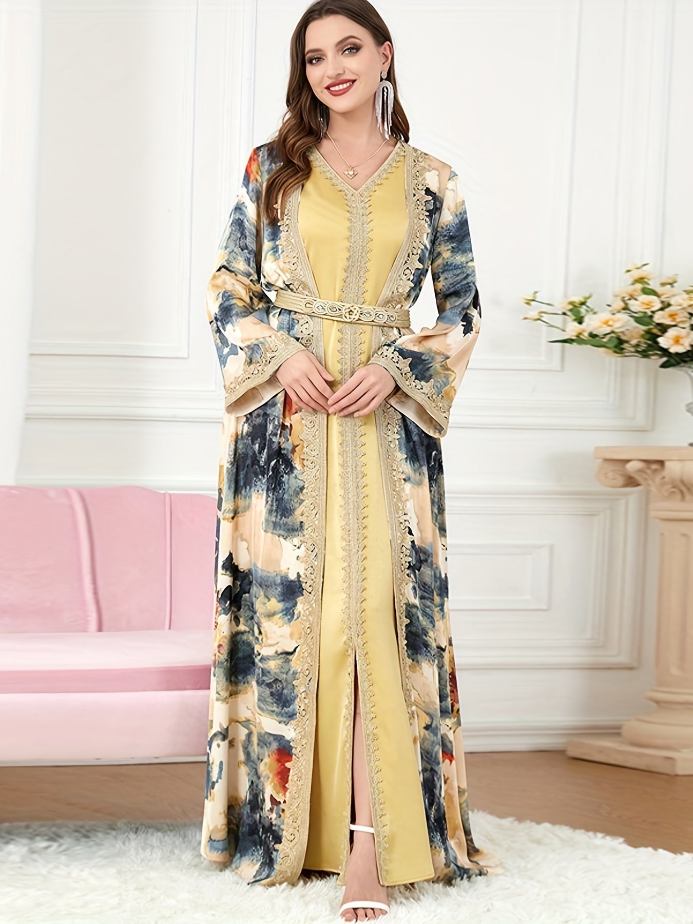 Turkish Kafan Women's Two-Piece Dress Set with V-Neck Satin Painting Kimono for Morocco Dubai Eid Fashion Dress to Show Slimming Temperament for Malaysia Indonesia Pakistan Party Long Robe