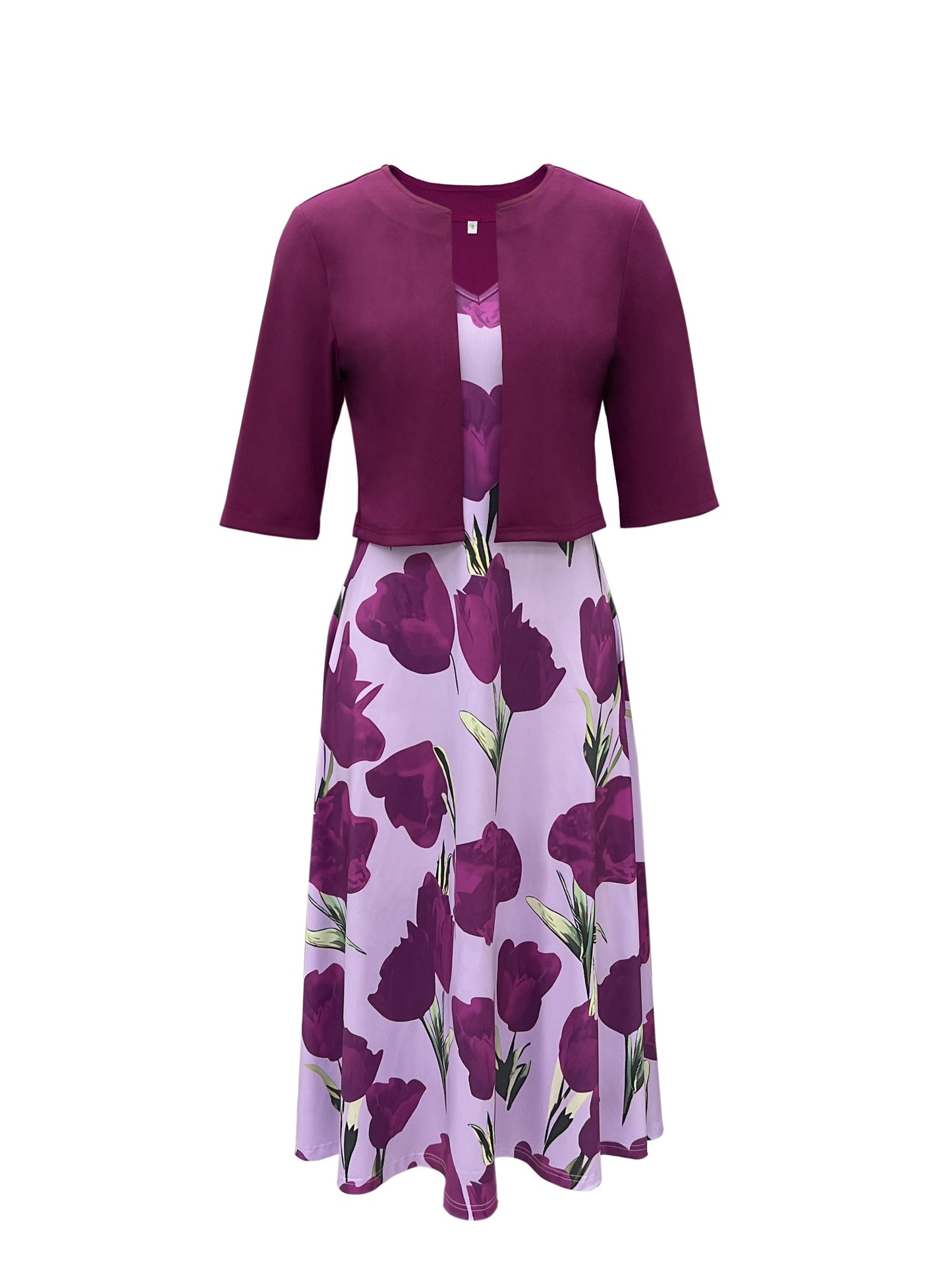 Plus Size Floral Print Two-piece Dress Set, V Neck Sleeveless Dress & Half Sleeve Open Front Top Outfits, Women's Plus Size Clothing
