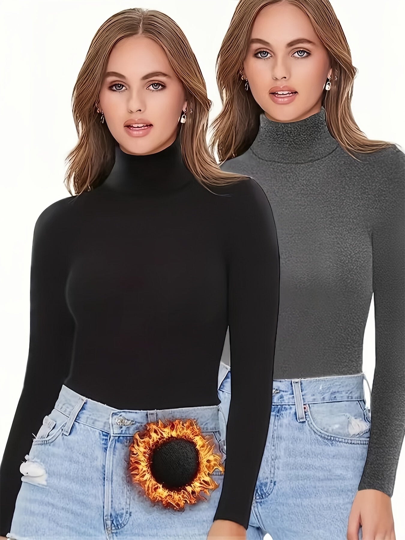 2-Pack Women'S Warm High Neck Turtleneck Long Sleeve Shirts, Casual Solid Color Knit Fabric Tops, Polyester 90% Spandex 10%, Regular Length for Fall/Winter