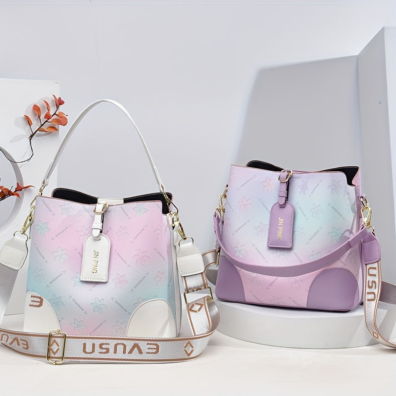 Trendy Ombre Bucket Bag, Letter Print Handbag, Fashion Buckle Decor Handbags, Women'S Every Day Purses
