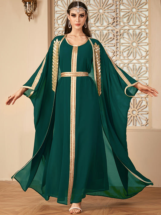 【Targeted】Middle East New Arrival Vest Dress + Open Cardigan Sequin Paneled Webbing Batwing Sleeve Long Robe Two-Piece Dress Set