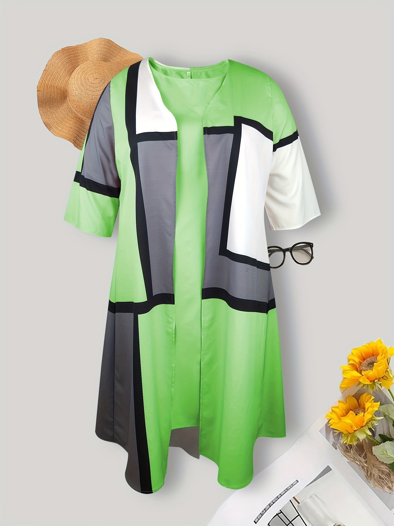 Plus Size Geometric Print Two-piece Dress Set, Crew Neck Tank Dress & 3/4 Sleeve Open Front Top Outfits, Women's Plus Size Clothing