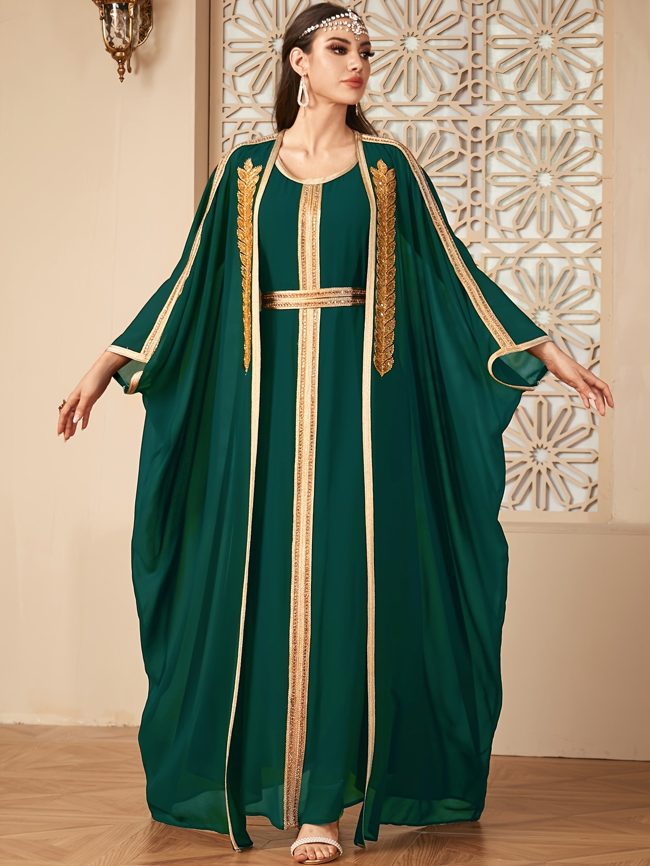 【Targeted】Middle East New Arrival Vest Dress + Open Cardigan Sequin Paneled Webbing Batwing Sleeve Long Robe Two-Piece Dress Set