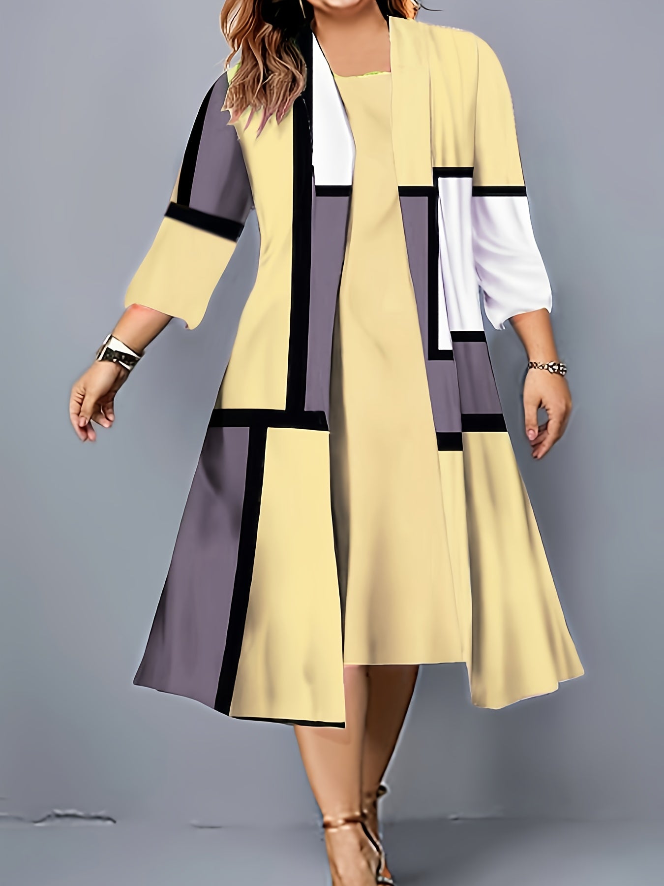 Plus Size Geometric Print Two-piece Dress Set, Crew Neck Tank Dress & 3/4 Sleeve Open Front Top Outfits, Women's Plus Size Clothing