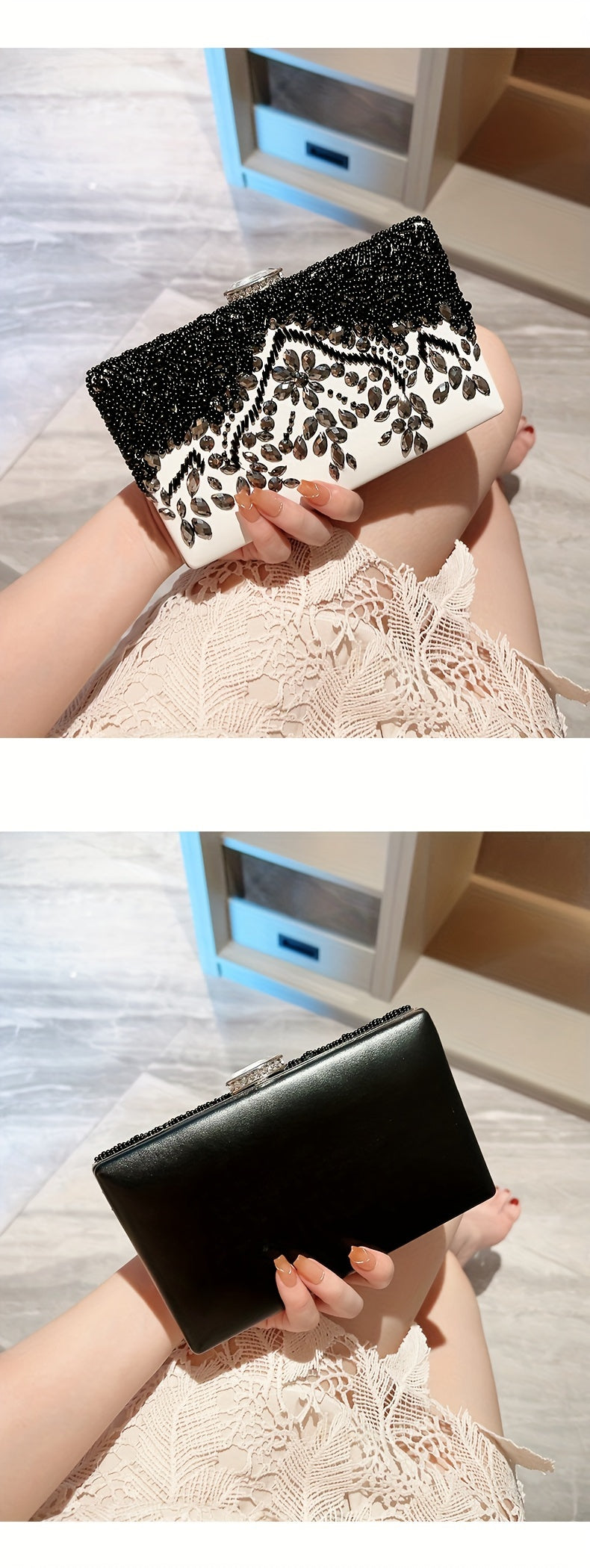 Beaded Rhinestone Evening Bag Vintage And Elegant Box Clutch Purse Women's Wedding Handbags For Party Prom