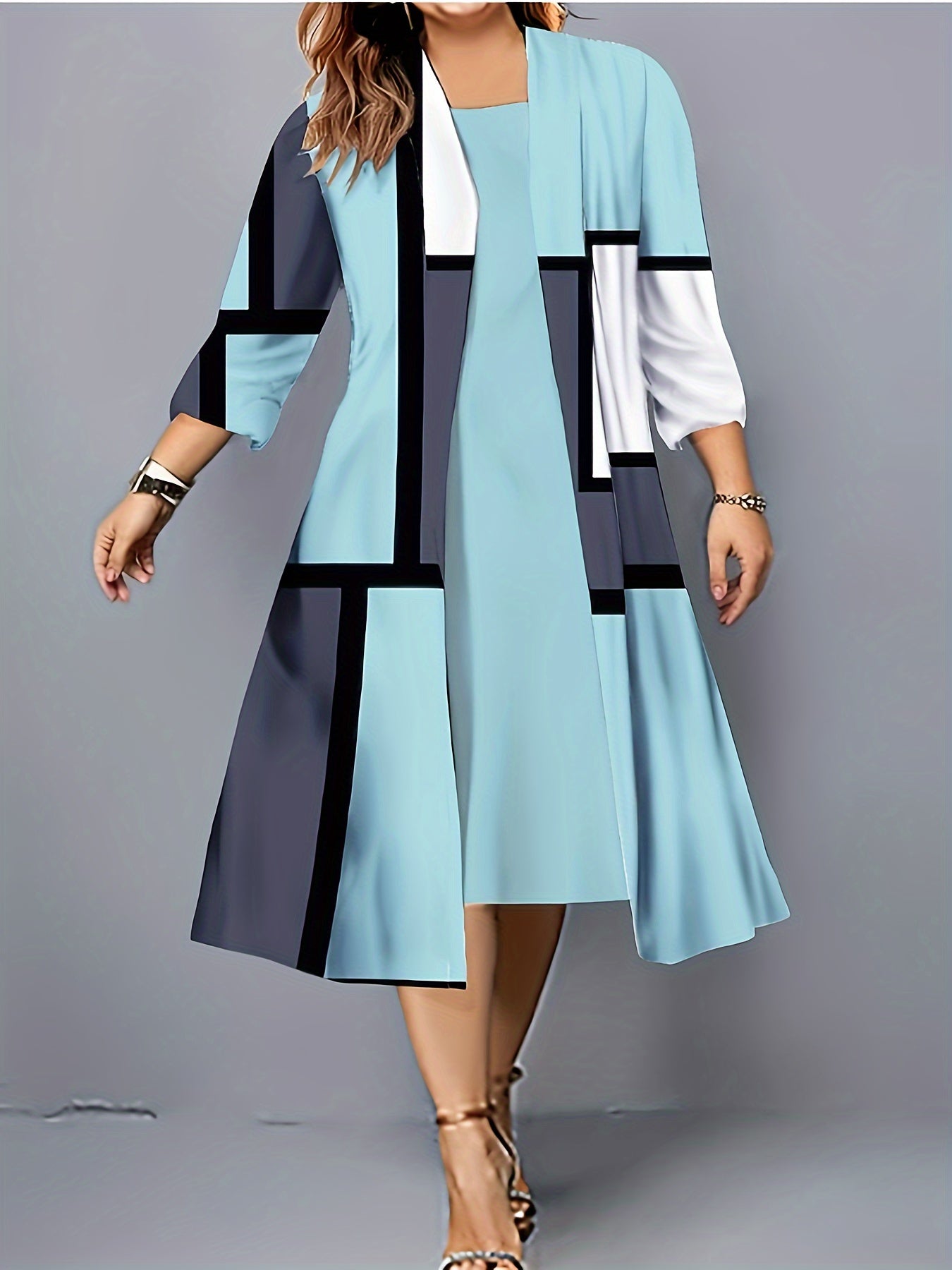 Plus Size Geometric Print Two-piece Dress Set, Crew Neck Tank Dress & 3/4 Sleeve Open Front Top Outfits, Women's Plus Size Clothing