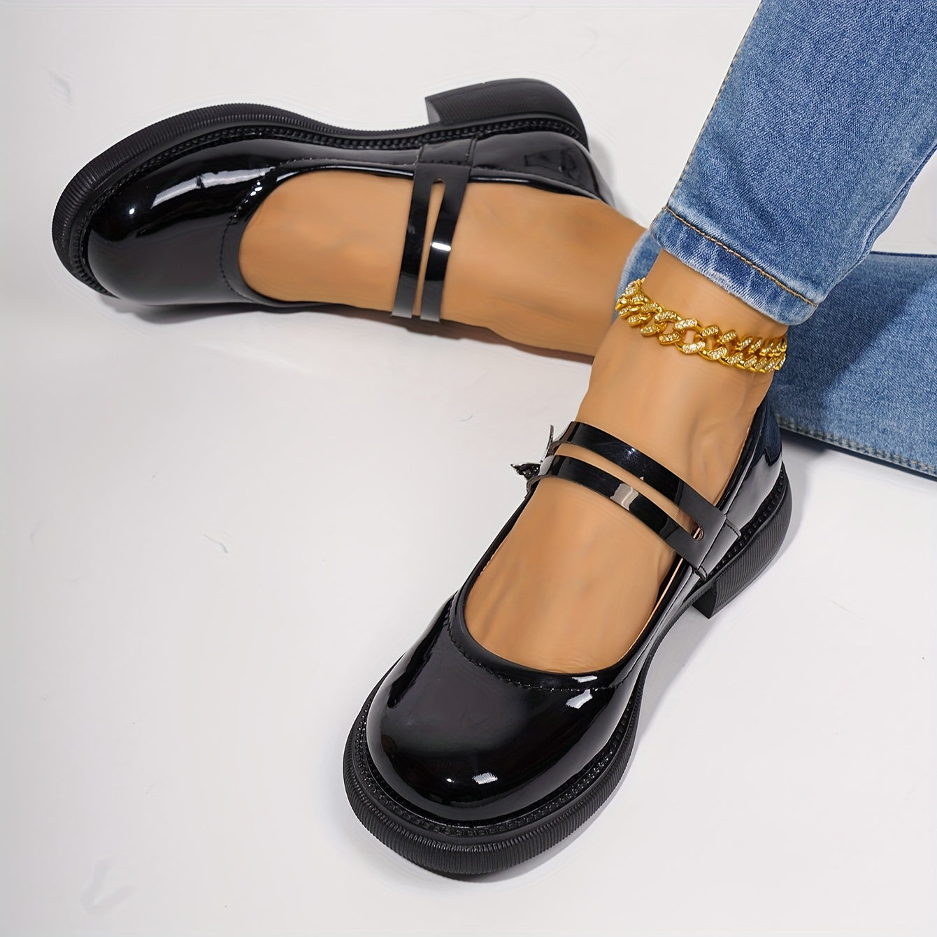 Elegant Black Mary Jane - Chic Comfort Women's Shoes with Golden Buckle, Round Toe, and Comfortable Rubber Sole - Versatile All-Season PU Cover Flats, Ladies Shoes