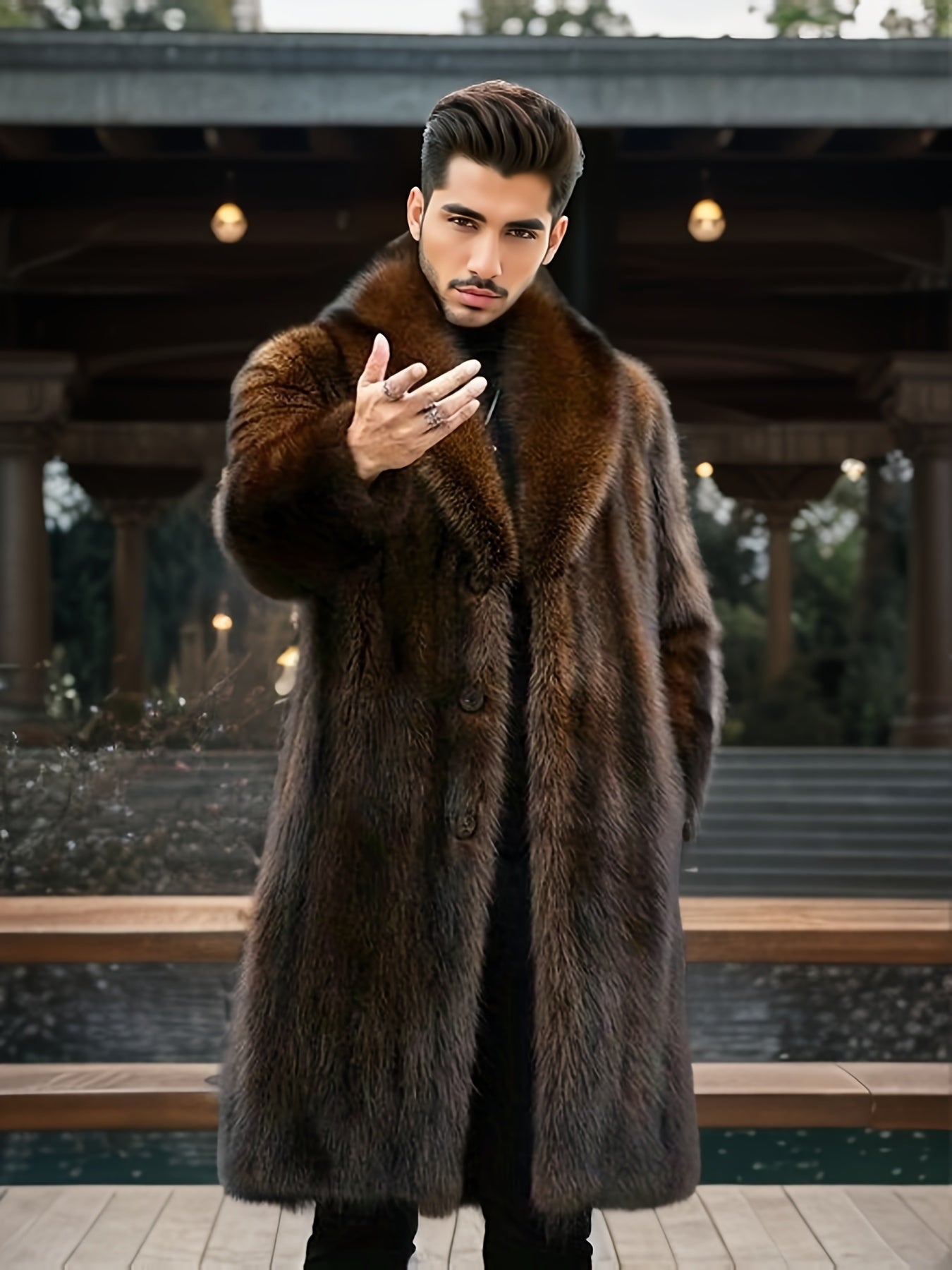 Trendy Men's Faux Fur Single-Breasted Overcoat, Warm Winter Jacket for Autumn Outdoor Leisurewear