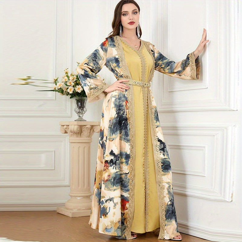 Turkish Kafan Women's Two-Piece Dress Set with V-Neck Satin Painting Kimono for Morocco Dubai Eid Fashion Dress to Show Slimming Temperament for Malaysia Indonesia Pakistan Party Long Robe