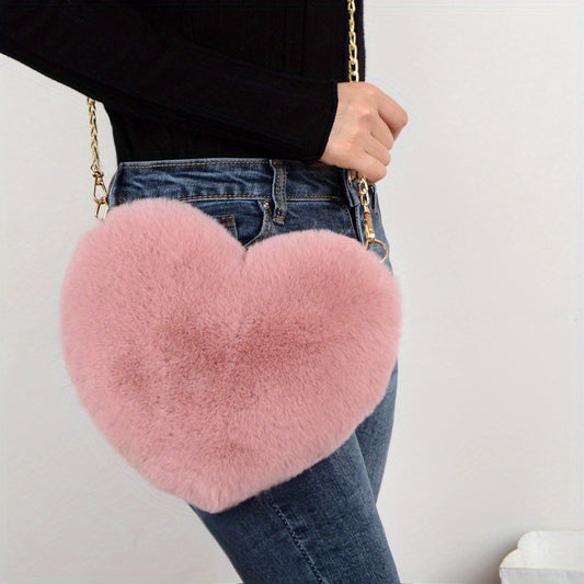 Cute Heart-Shaped Faux Fur Crossbody Purse - Women Handbags & Wallets - Fashionable Chain Shoulder Bag with Soft Fuzzy Lining, Perfect Valentine's Day Gift for Her, Lovers, and Friends
