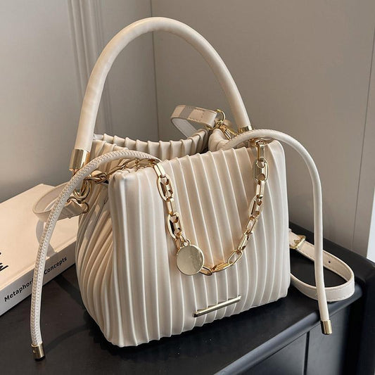 Elegant White Pleated Bucket Bag for Women – Chic Summer Crossbody Shoulder Handbag with Golden-Tone Hardware & Braided Handle, Versatile All-Match Design, Ladies Handbags