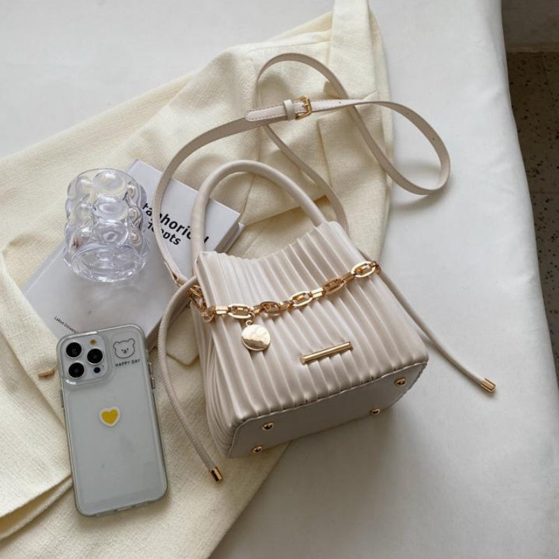 Elegant White Pleated Bucket Bag for Women – Chic Summer Crossbody Shoulder Handbag with Golden-Tone Hardware & Braided Handle, Versatile All-Match Design, Ladies Handbags