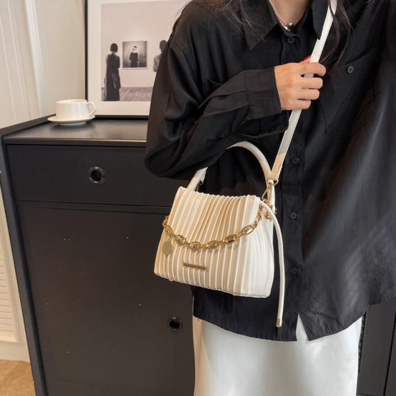 Elegant White Pleated Bucket Bag for Women – Chic Summer Crossbody Shoulder Handbag with Golden-Tone Hardware & Braided Handle, Versatile All-Match Design, Ladies Handbags