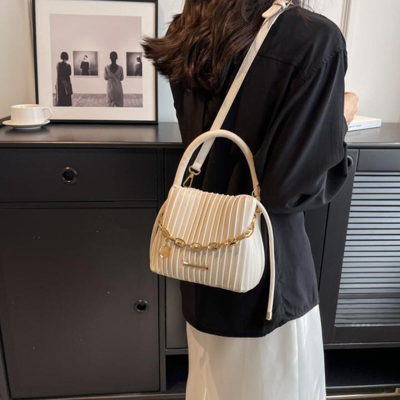 Elegant White Pleated Bucket Bag for Women – Chic Summer Crossbody Shoulder Handbag with Golden-Tone Hardware & Braided Handle, Versatile All-Match Design, Ladies Handbags