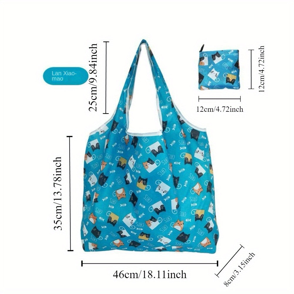 2-Pack Reusable Grocery Tote Bags With Cute Cat Design, Foldable & Washable Large Capacity Shopping Bags With Handles, Lightweight Storage Handbags