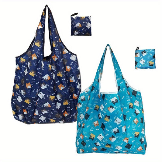 2-Pack Reusable Grocery Tote Bags With Cute Cat Design, Foldable & Washable Large Capacity Shopping Bags With Handles, Lightweight Storage Handbags