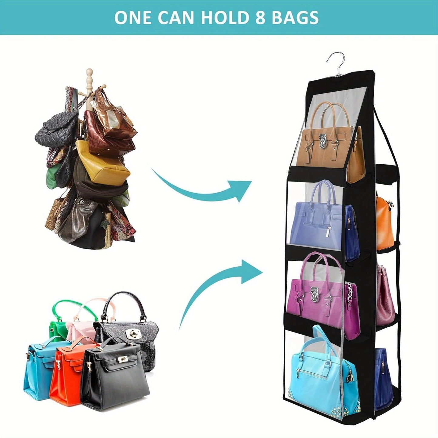 1pc LDQ Multi-Layer Handbag Organizer with 8 Pockets - Foldable Oxford Cloth Hanging Storage Rack, Space-Saving Closet Organizer for Handbags, Purses & Accessories, Durable Black & Gray Design, Perfect for Christmas, Hallowee