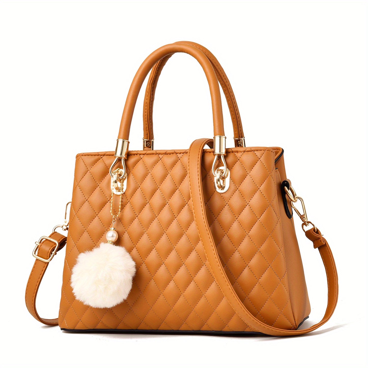 Womens Leather Handbags Purses Top-handle Totes Satchel Shoulder Bag for Ladies with Pompon