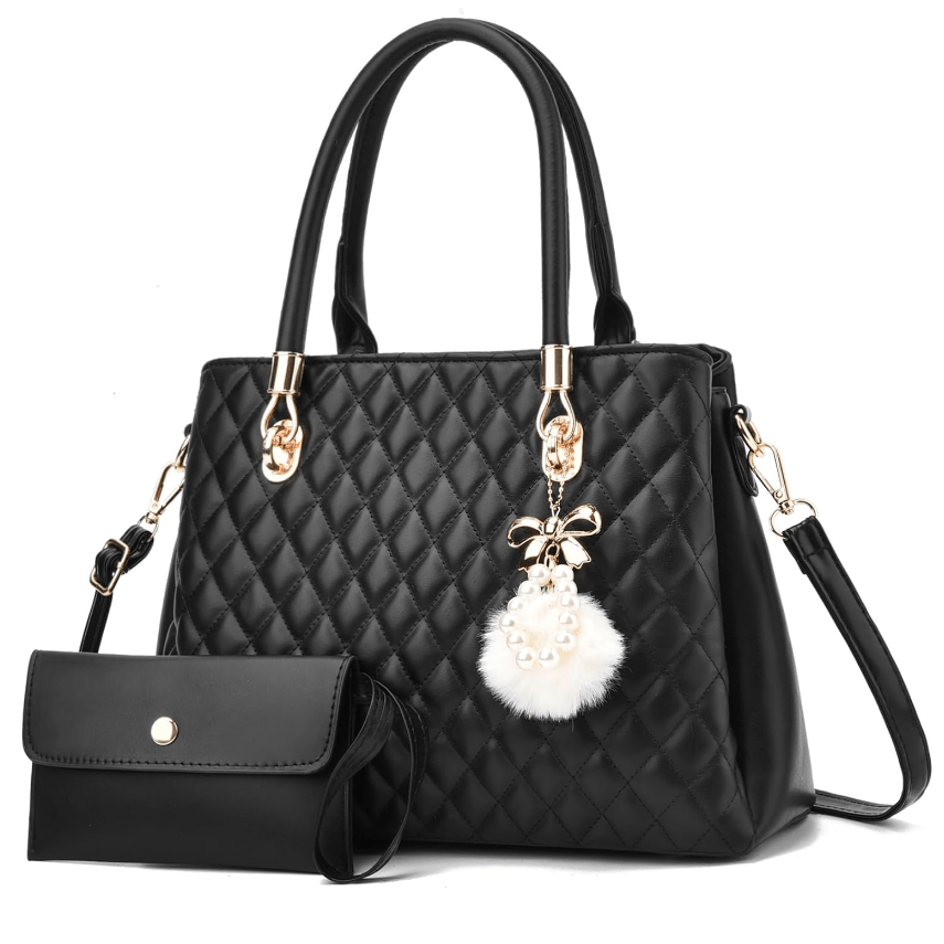 Womens Leather Handbags Purses Top-handle Totes Satchel Shoulder Bag for Ladies with Pompon