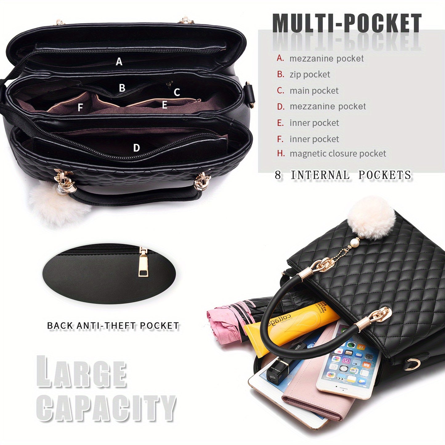 Womens Leather Handbags Purses Top-handle Totes Satchel Shoulder Bag for Ladies with Pompon