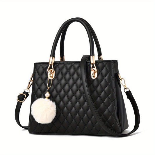 Womens Leather Handbags Purses Top-handle Totes Satchel Shoulder Bag for Ladies with Pompon