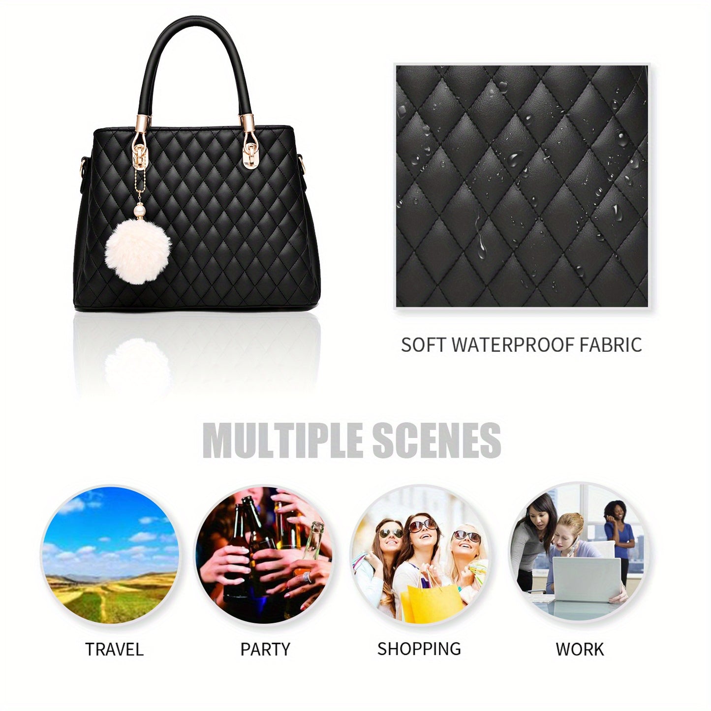 Womens Leather Handbags Purses Top-handle Totes Satchel Shoulder Bag for Ladies with Pompon