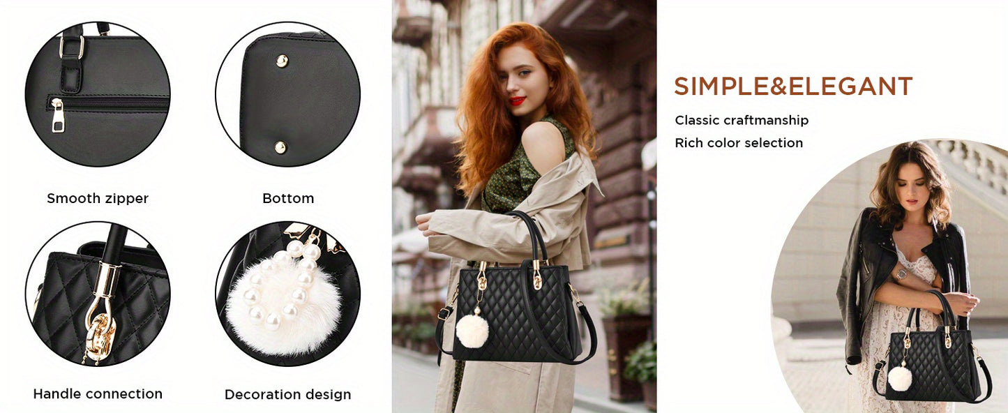 Womens Leather Handbags Purses Top-handle Totes Satchel Shoulder Bag for Ladies with Pompon