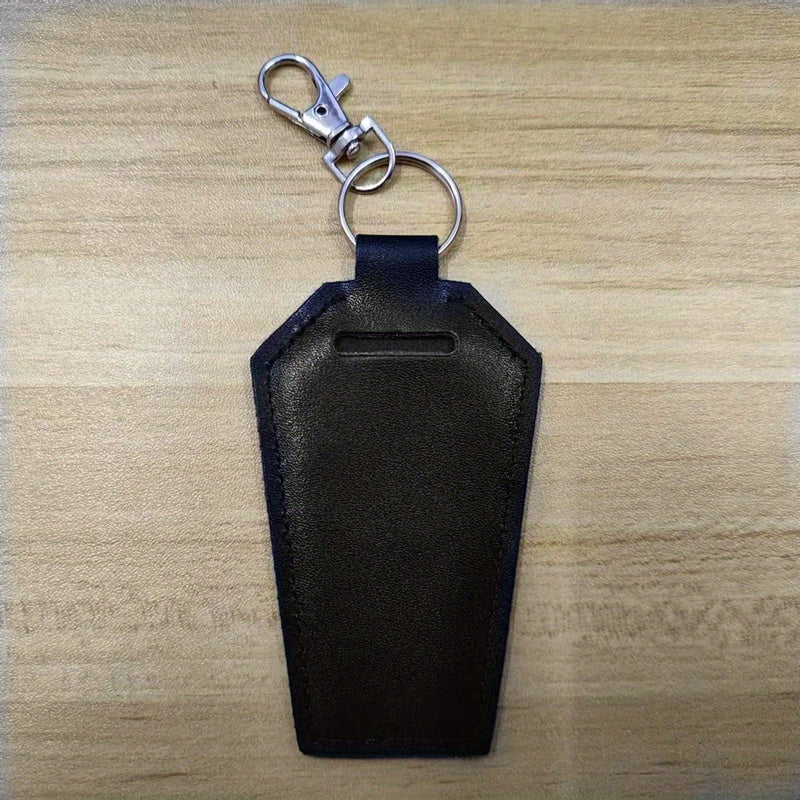 Gothic Coffin-Shaped Lipstick Holder with Keychain - Faux Leather, Solid Color, Easy Clean - Unique Accessory for Handbags & Gifts
