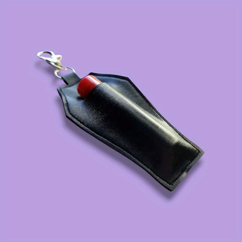 Gothic Coffin-Shaped Lipstick Holder with Keychain - Faux Leather, Solid Color, Easy Clean - Unique Accessory for Handbags & Gifts