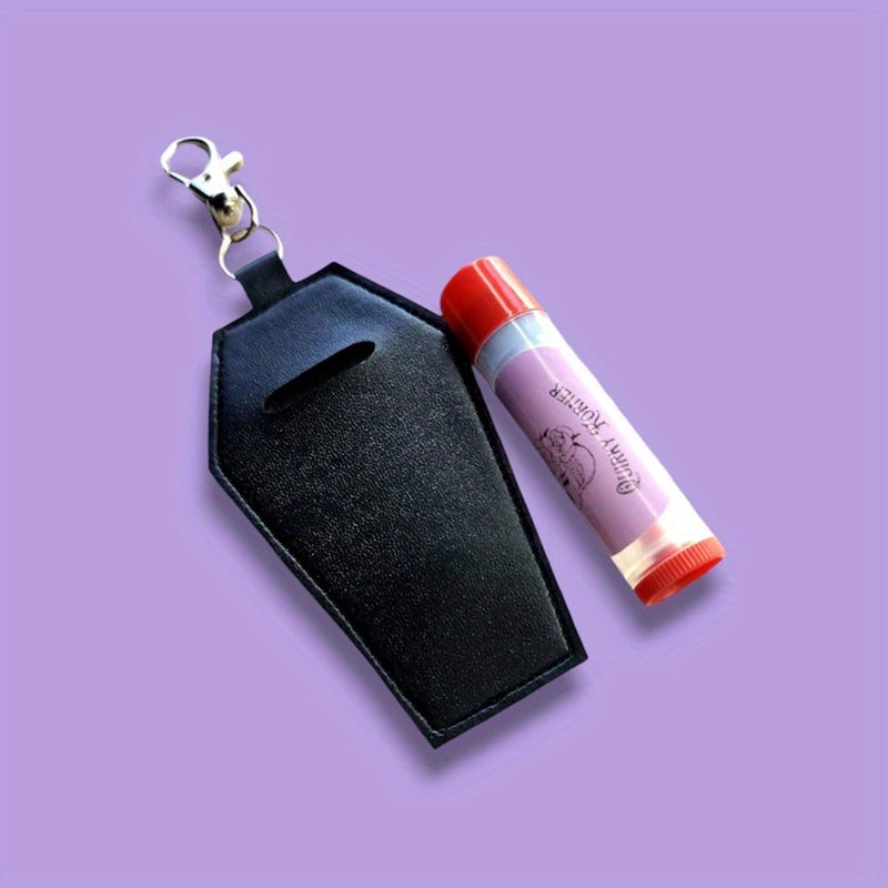 Gothic Coffin-Shaped Lipstick Holder with Keychain - Faux Leather, Solid Color, Easy Clean - Unique Accessory for Handbags & Gifts