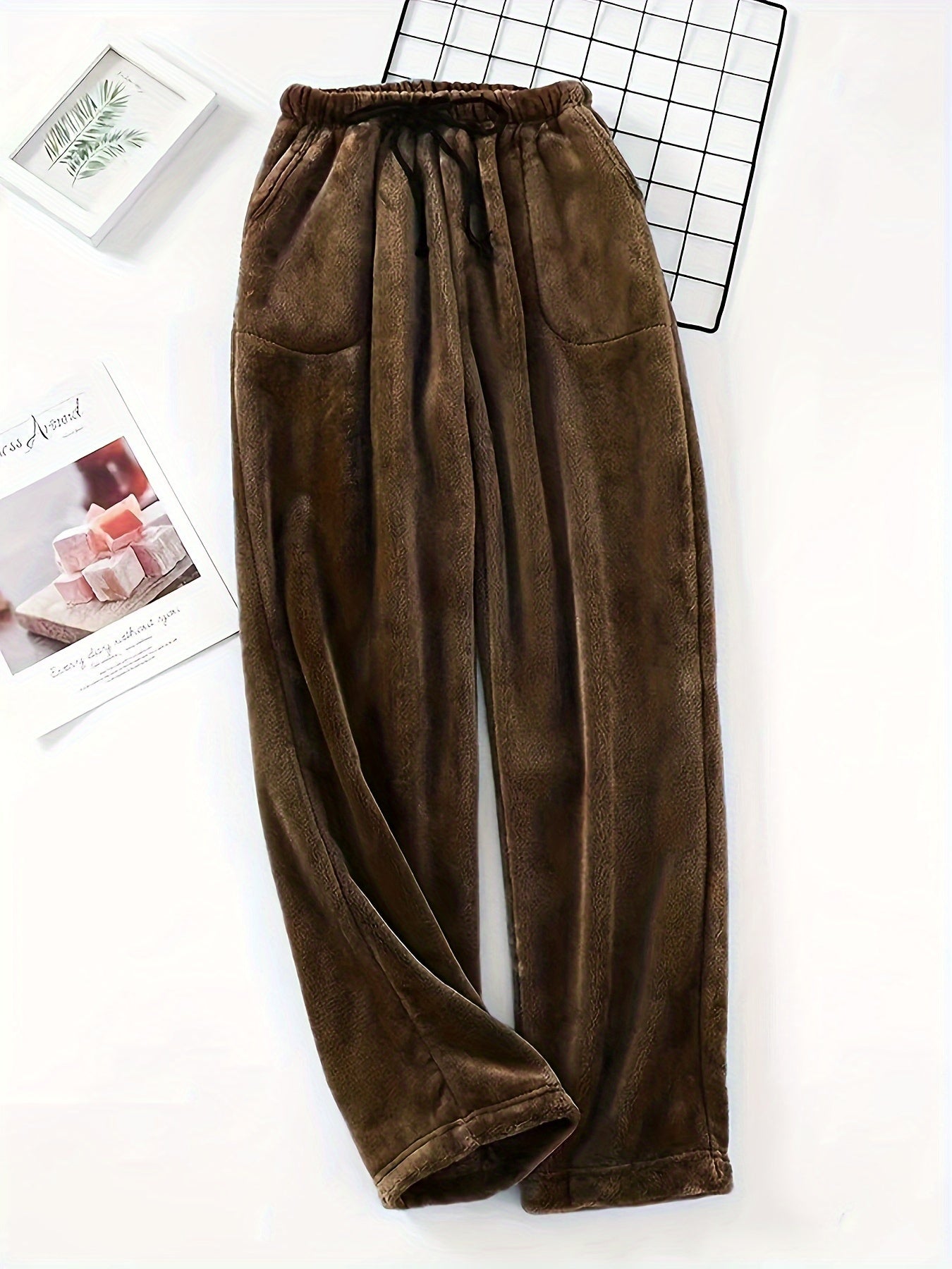 Plus Size Men's Simple Style Casual Pajamas Bottoms Loose Pants, Solid Plush Thickened Warm Pants Home Pajamas Bottom